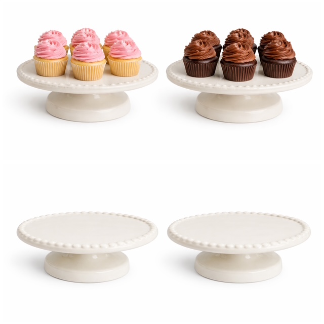 White pearl-trim pedestal stands displaying cupcakes